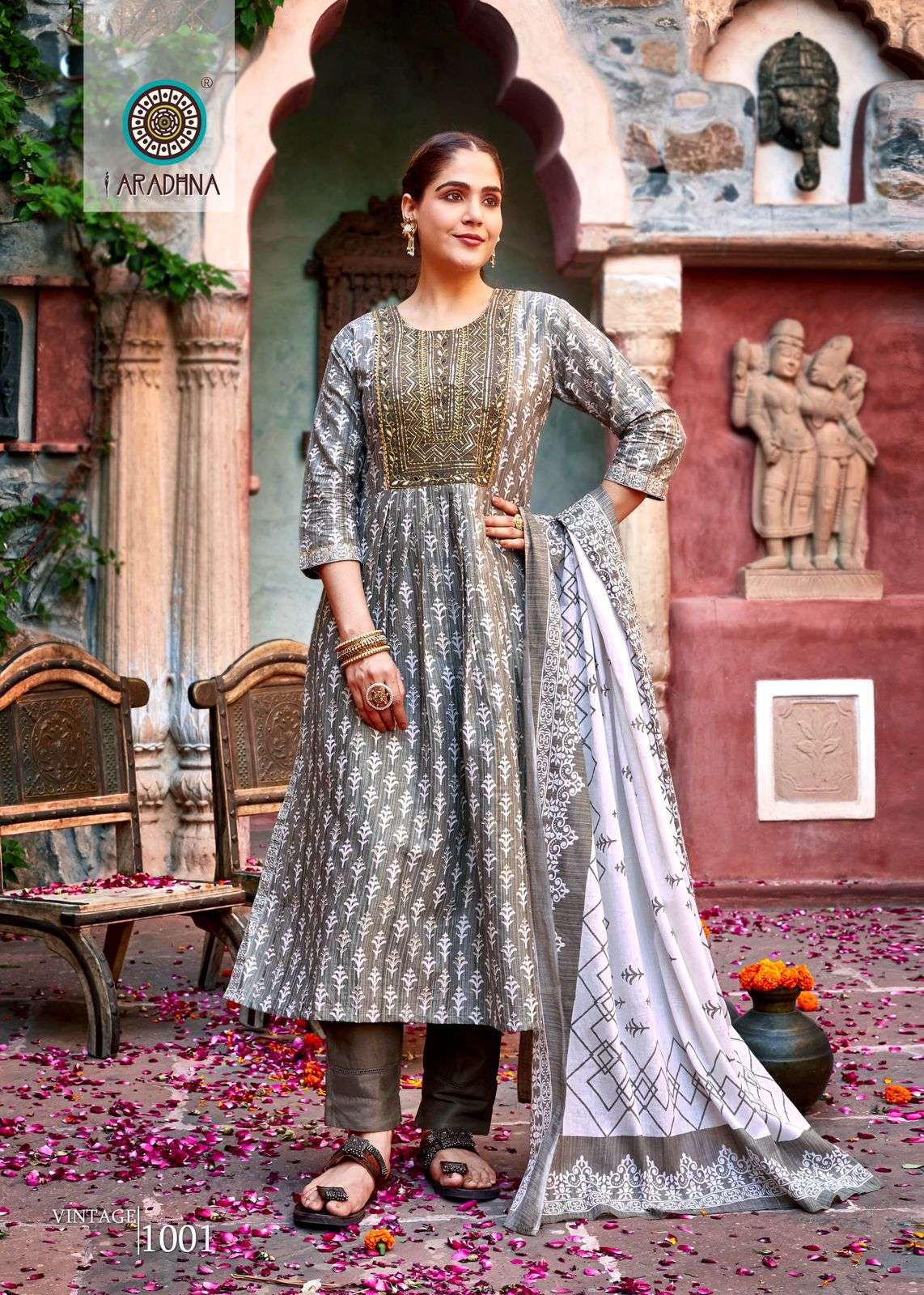 VINTAGE VOL 1 COTTON FOIL PRINT FANCY EMBROIDERY WORK KURTI WITH PANT DUPATTA BY ARADHNA BRAND 1001